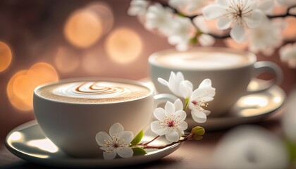 two cups of coffee drink with blossom flower branch, idea for summer and spring time cafe wall decor picture, Generative Ai