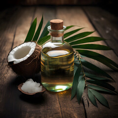 Poster - Bottle of  coconut oil with coconuts on wooden backgrounds. Organic food. Come generative Ai