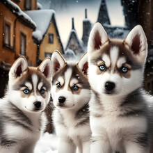 Beautiful Husky Puppies On The Background Of Cherry Blossoms. Generative Artificial Intelligence. Illustration