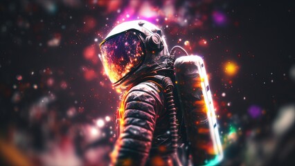 Wall Mural - close up portrait colorful astronaut in space suit with glitter glow light in artistic style, genera