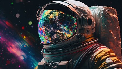 Wall Mural - close up portrait colorful astronaut in space suit with glitter glow light in artistic style, genera
