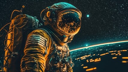 Wall Mural - close up portrait colorful astronaut in space suit with glitter glow light in artistic style, Generative Ai