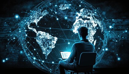 hologram light of world globe connecting with light trail with a man work on analyze data , Generative Ai