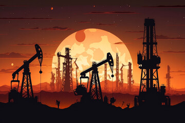 Poster - Silhouettes of oil pumps in the desert at sunset. Generative AI.