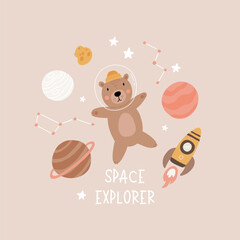 Wall Mural - Space adventure brown bear. Cartoon bear, hand drawing lettering, decor elements. Pastel vector illustration for kids. Scandinavian flat style. baby design for cards, posters, t-shirt print.