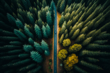 Poster - An aerial view of road in the middle of forest. Generative AI.