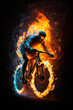 Man riding bike in flames on dark background. Generative AI.