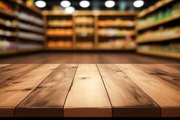 Canvas Print - An empty wooden table in front of grocery store. Generative AI.