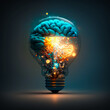 © valentyn640 - Light bulb with brain inside it on dark background. Generative AI.