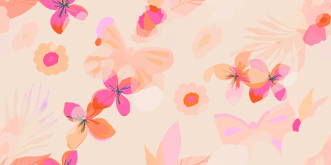 hand drawn cute pink artistic flowers and butterflies pattern. modern cartoon style print. fashionab