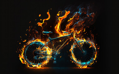 Wall Mural - Bicycle is on fire with blue flames. Generative AI.