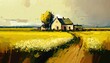 paint like illustration of wooden house on summer rural field,  idea for home art wall decor, Generative Ai