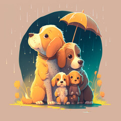 Sticker - Three dogs and an umbrella in the rain. Generative AI.