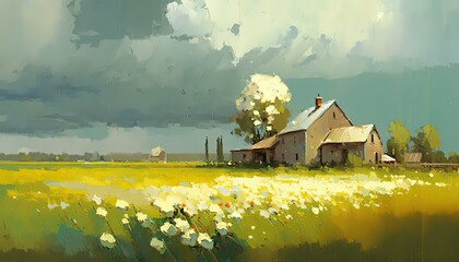 Wall Mural - paint like illustration of wooden house on summer rural field,  idea for home art wall decor, Generative Ai