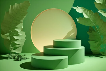 Poster - Green background with circular staircase and palm leaves. Generative AI.