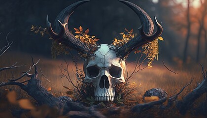 curse forest with antler skull on ground, Generative Ai