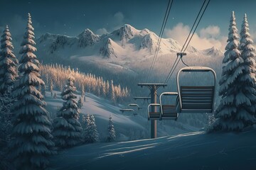 Canvas Print - Winter landscape with chairs for skiing in the mountains with snow and fir trees, cable car. Generative AI