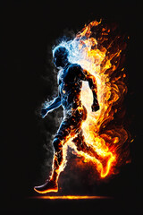 Wall Mural - Man running in flames on black background. Generative AI.