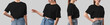 Mockup of black crop top on beautiful girl, fashion casual shirt isolated on white background, front, back view.
