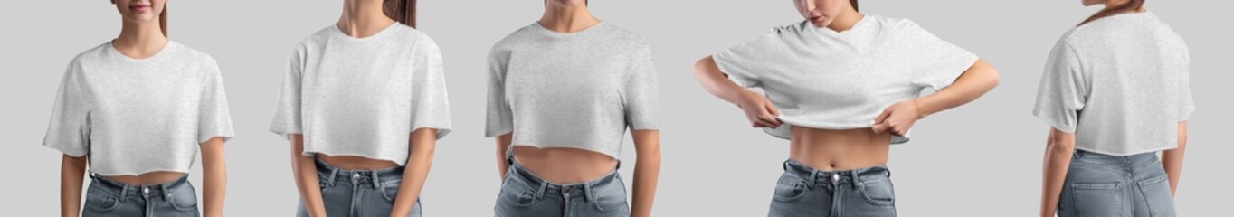 Wall Mural - Mockup set of a white t-shirt on a slender girl in jeans, a crop top for design, branding.