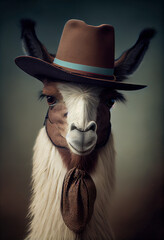 Portrait of a llama wearing a hat and a scarf. AI generated