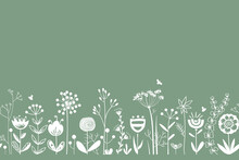 Fairy Flowers And Herbs Silhouettes Border In Scandinavian Style, Seamless Vector Pattern. Doodle Flower Meadow Background. Design For Cards, Wallpaper, Home Decor, Craft Packaging.