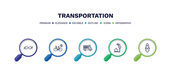 Poster - set of transportation thin line icons. transportation outline icons with infographic template. linear icons such as car lights, bicycle rental, prison bus, airport checking, space rocket launch