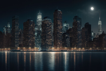 Night skyline of Manhattan, New York City. Generative AI