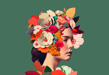 Portrait of a young woman with flowers. Surrealism and minimalism artwork. Art Collage