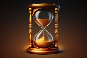 Golden hourglass illustration, dark background, time concept. Generative AI