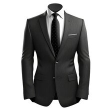 Generative AI Illustration Of Male Formal Black Suit With Polka Dot Tie And Shirt Isolated On White Background