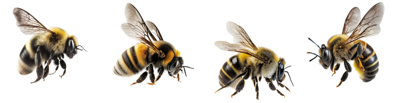 generative ai illustration side view of small striped bees with transparent wings isolated on white 