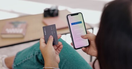 Aufkleber - Online shopping, credit card and woman on website with phone to browse mobile app, internet and payment. Technology, ecommerce and hand of girl with smartphone for buying, purchase and retail screen