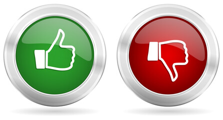 Aufkleber - Like and dislike icons, set of green and red thumb up and down silver metallic buttons isolated on white background.