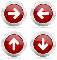 Aufkleber - Arrows vector icons, set of right, left, up and down arrow silver metallic buttons isolated on white background.