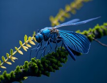 A Blue Dragonfly Perched On A Mossy Tree Branch. Generative AI.