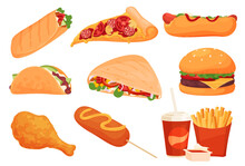 Fast Food. Street Food. Fast And Tasty Food Preparation In Mass Cafes And Restaurants. Vector Illustration