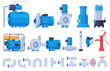 © Igor - Water pumps. Water and liquid pumping. Technical equipment for water stations. Water pipes. Vector illustration