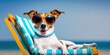 jack russell terrier dog with sunglasses sunbathing on sun lounger. summer and vacation concepts. generative ai