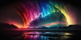 Fototapeta Przestrzenne - Aurora borealis in spectacular rainbow colors high above cold tundra mountain landscape, Northen polar lights night sky storm, bright vivid reflections, curtains and rays - generative AI