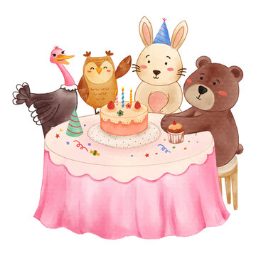 Fototapete - Birthday party and cake on table with wildlife animals . Realistic watercolor paint with paper textured . Cartoon character design . Vector .