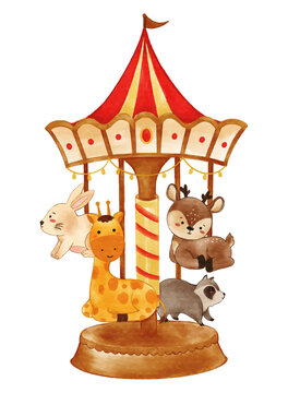 Fototapete - Theme park and merry go round with wildlife animals . Realistic watercolor paint with paper textured . Cartoon character design . Vector .