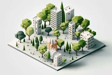 Creating a Greener Future: Isometric Sustainable City with Trees in White Background Made with Eco-Friendly Materials, Generative AI.