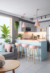 Concept of scandinavian style kitchen in pastel mint and pink colors. AI generated illustration