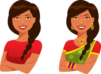 Wall Mural - illustration of a young Indian woman with braided hair, wearing traditional Indian dress saree (sari), smiling with her arms crossed