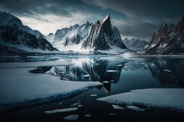 Wall Mural - dramatic ice-capped mountains towering over a frozen fjord, with a still lake in the foreground., created with generative ai