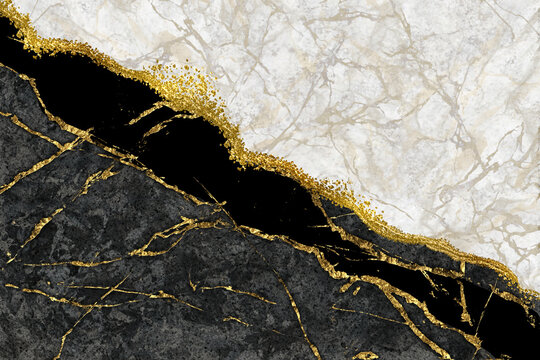 Wall Mural -  - abstract background, black and white marble with golden veins, japanese kintsugi technique, fake painted artificial stone texture, marbled wallpaper, digital marbling illustration