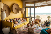 A Bohemian And Tropical Living Room With Natural Furniture And Colorful Cushions. The Space Overlooks A Beach With Wide Windows To Enjoy The View. Generative Ai