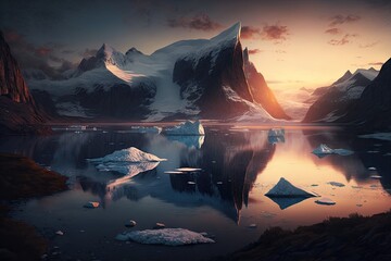 Wall Mural - a dramatic view of a glacial fiord in the sunset, with icebergs and mountains in the background., created with generative ai