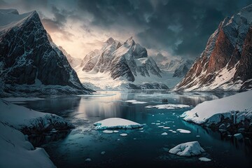 Canvas Print - a frozen fiord with a picturesque mountain range in the background., created with generative ai